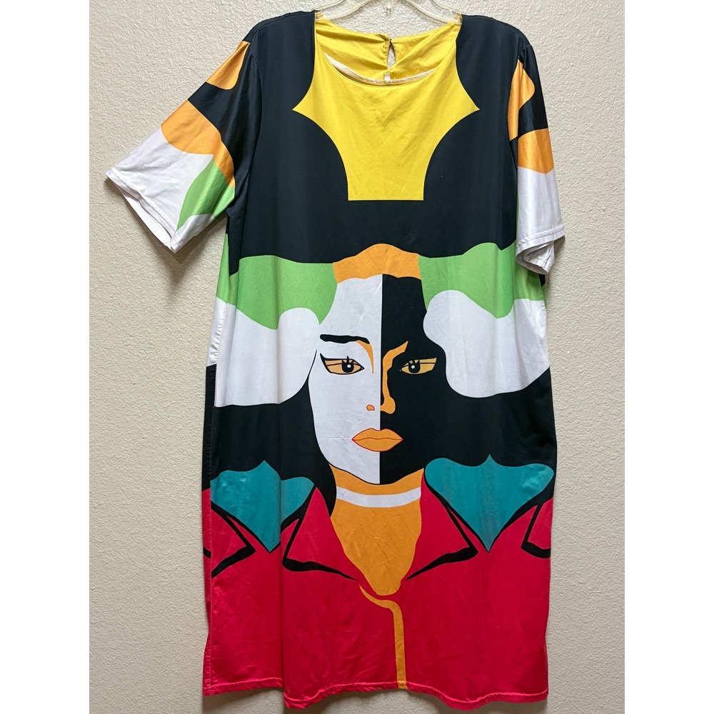 Pop Art Graphic Face Shift Dress Multi Color Short Sleeve Keyhole Back Midi